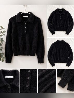 Zara Black Fuzzy Eyelash Knit Polo Sweater XS